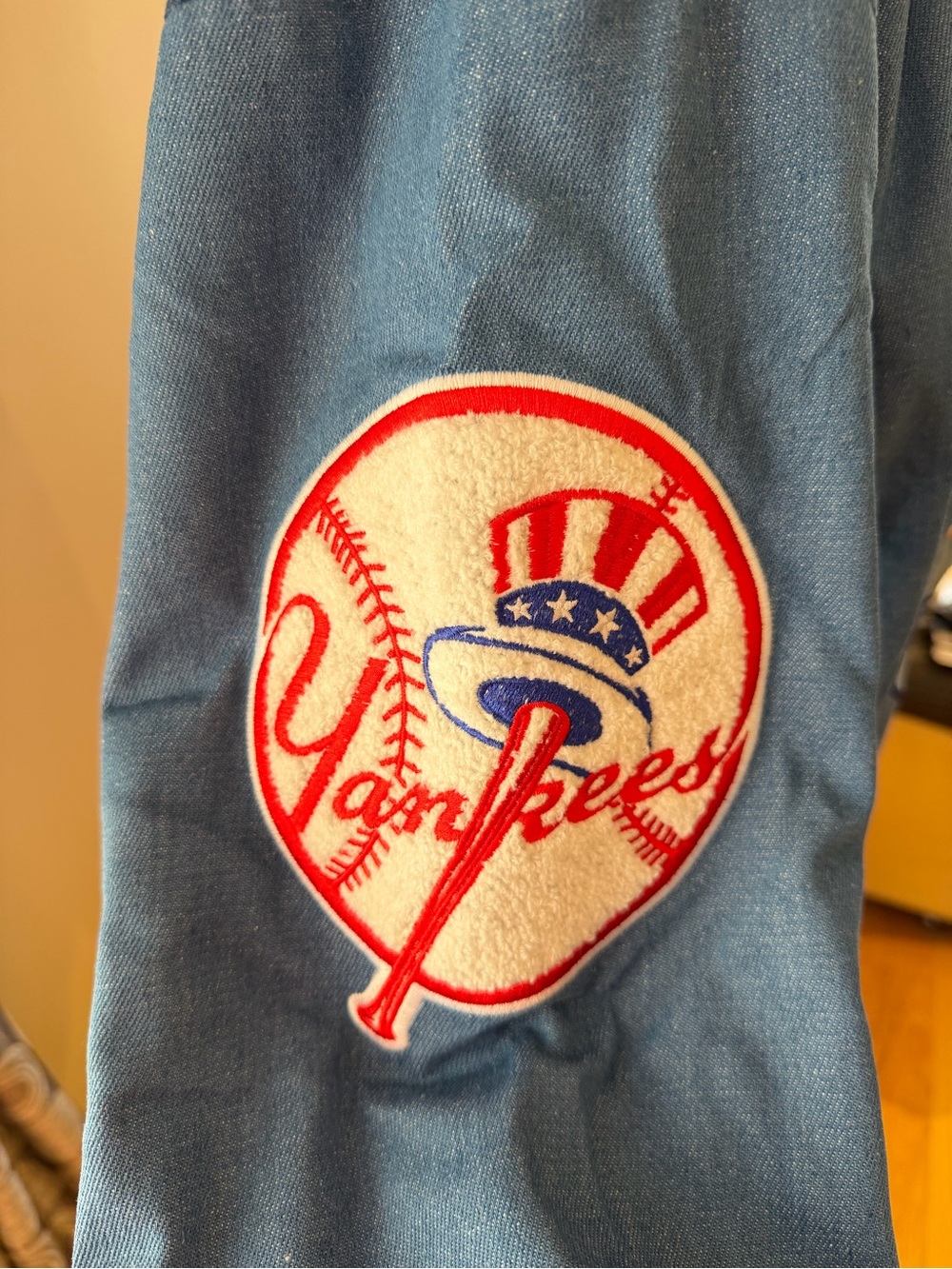 Women's New York Yankees Terez Blue Denim Blocked Bomber Jacket - Picture 2 of 8